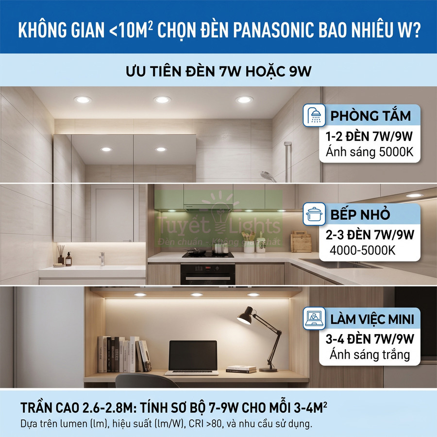 Đèn LED âm trần Panasonic 7W 9W chiếu sáng phòng tắm bếp nhỏ và góc làm việc mini dưới 10m2